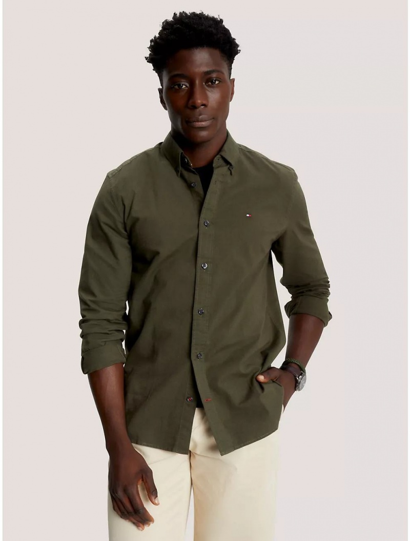 Tommy Hilfiger Regular Fit Solid Stretch Oxford Shirt Shirts Army Green | 3845-POAYL