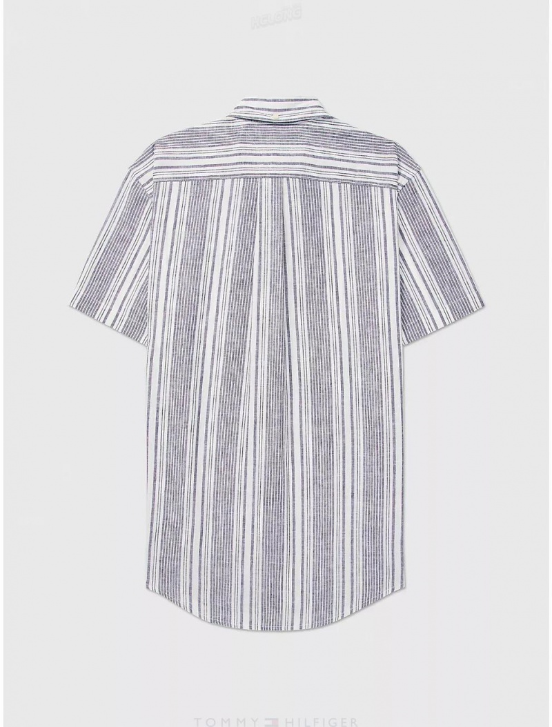 Tommy Hilfiger Regular Fit Stripe Linen and Cotton Shirt Tops Carbon Navy | 4603-NJLUA