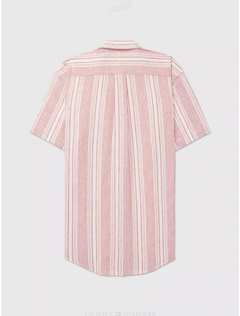 Tommy Hilfiger Regular Fit Stripe Linen and Cotton Shirt Tops Red Fascination | 7269-HAUCT