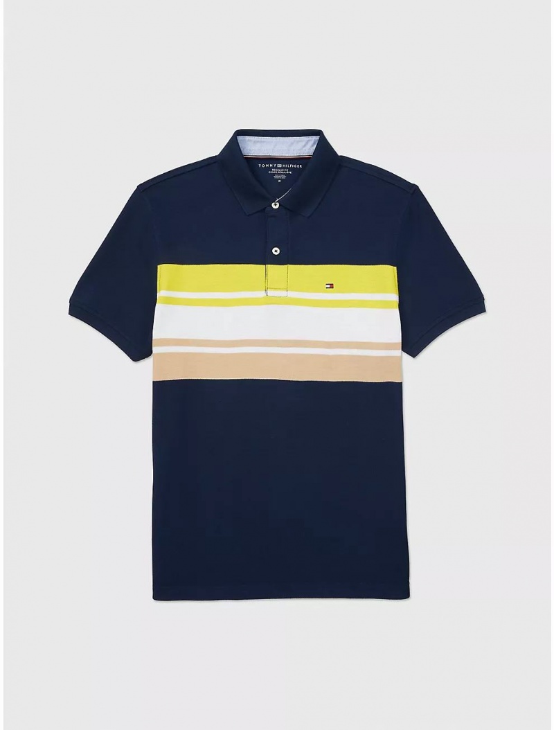 Tommy Hilfiger Regular Fit Stripe Performance Polo Tops Carbon Navy | 3612-BSQPU