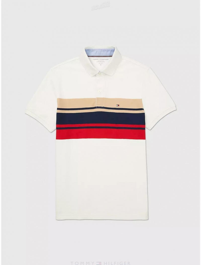 Tommy Hilfiger Regular Fit Stripe Performance Polo Tops White Suede | 7498-DMJKC