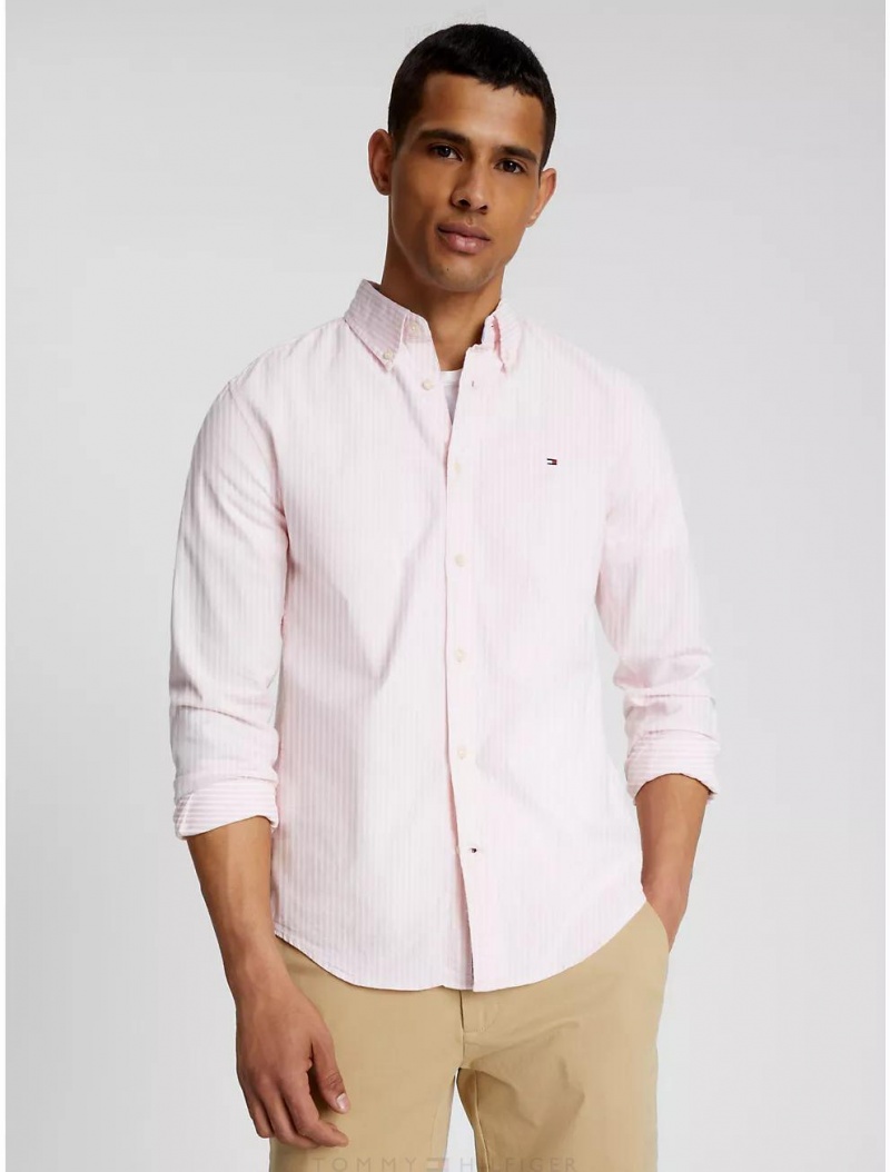 Tommy Hilfiger Regular Fit Stripe Stretch Oxford Shirt Shirts Precious Pink | 9841-GHZIF