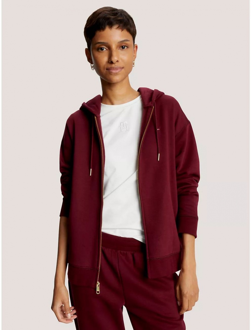 Tommy Hilfiger Relaxed Fit Solid Zip Hoodie Hoodies & Sweatshirts Deep Rouge | 0864-QRZHP