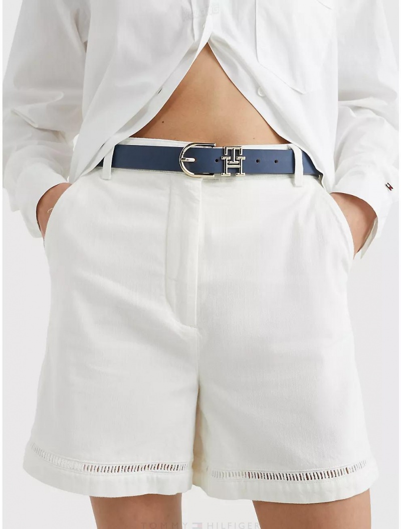 Tommy Hilfiger Rounded Buckle Leather Belt Belts Blue Coast | 0379-YMBEI