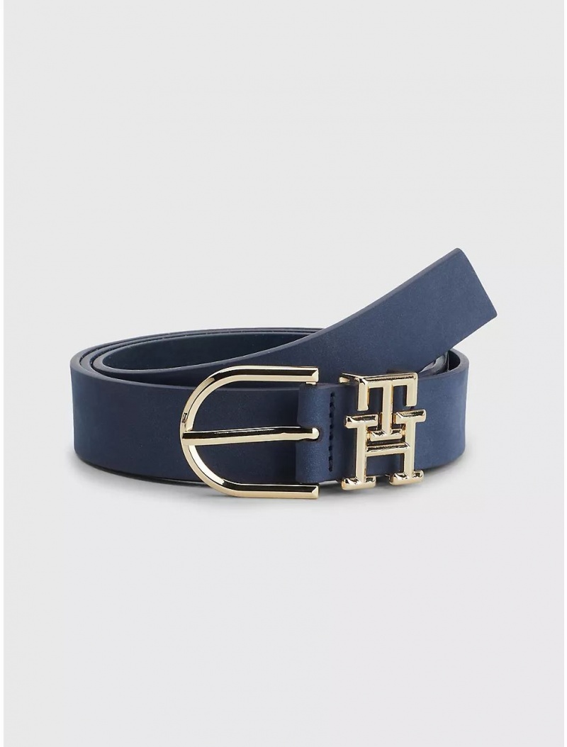 Tommy Hilfiger Rounded Buckle Leather Belt Belts Blue Coast | 0379-YMBEI