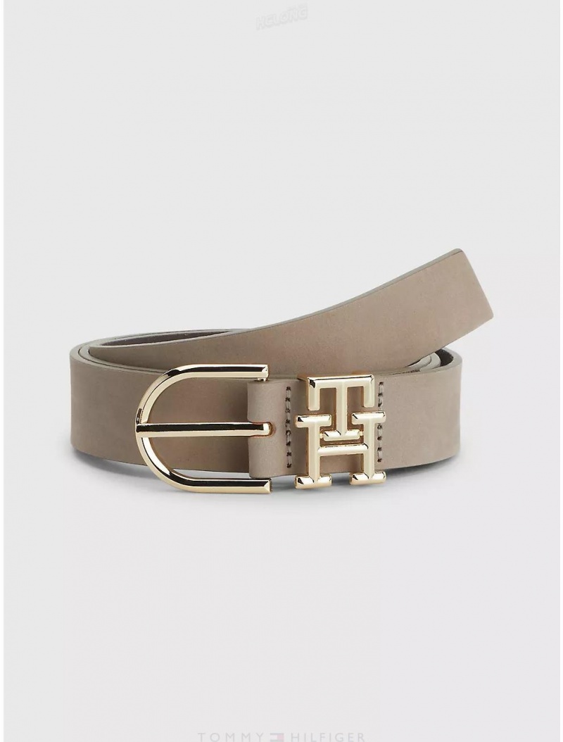 Tommy Hilfiger Rounded Buckle Leather Belt Belts Stone | 7438-QJIWO