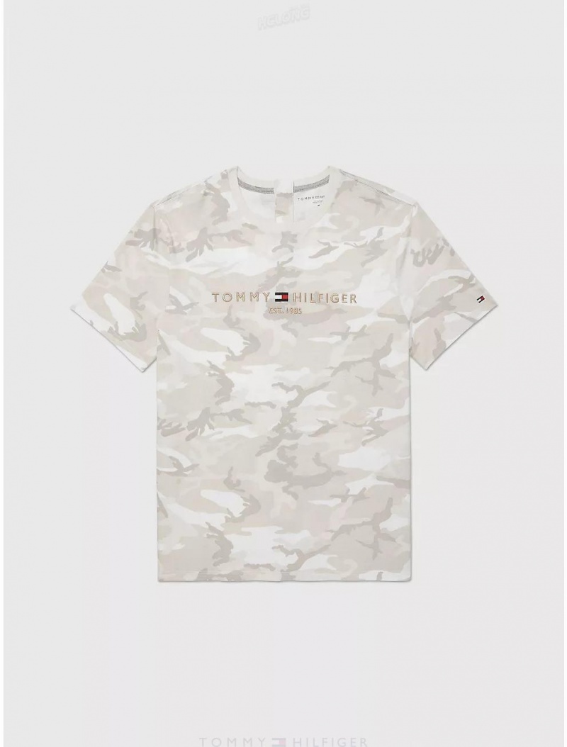 Tommy Hilfiger Seated Fit Camo T-Shirt Tops Alabaster | 7382-JEIDY