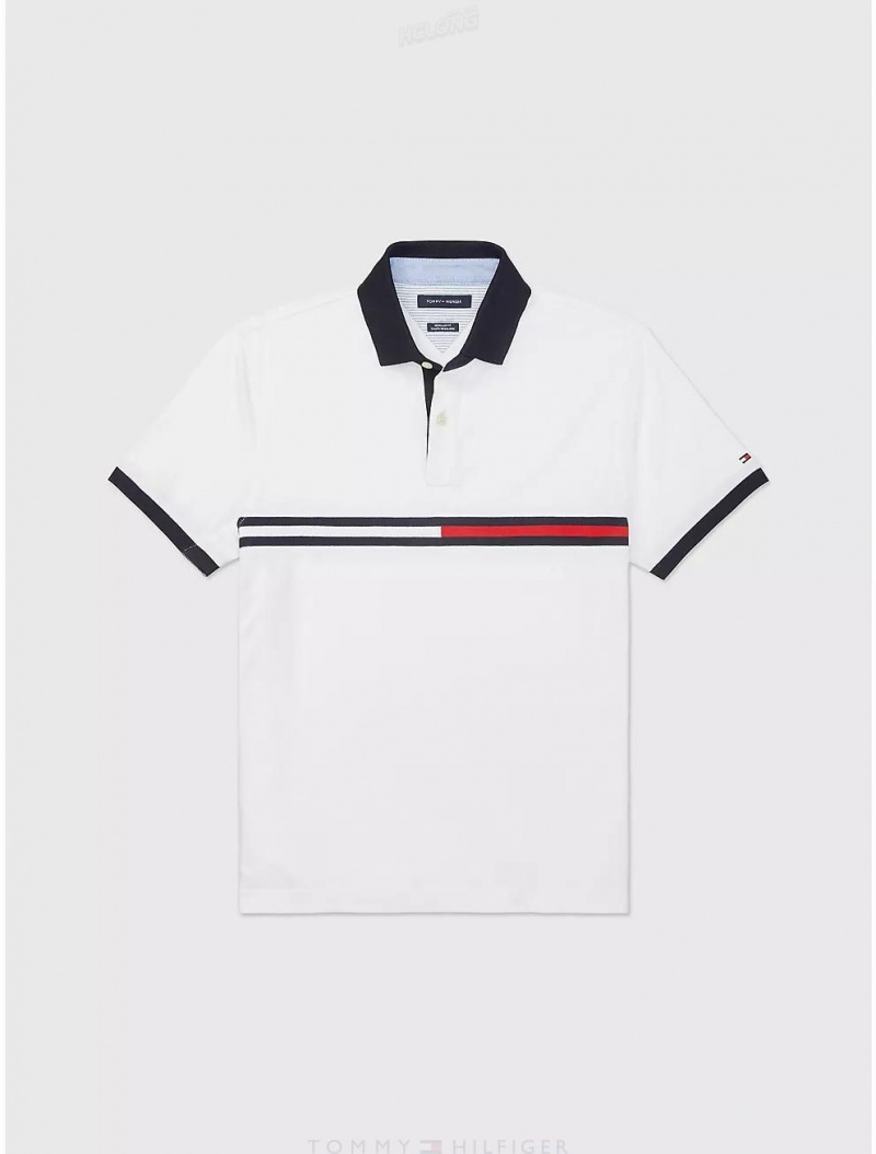 Tommy Hilfiger Seated Fit Logo Stripe Polo Tops Fresh White | 4895-IVPXU