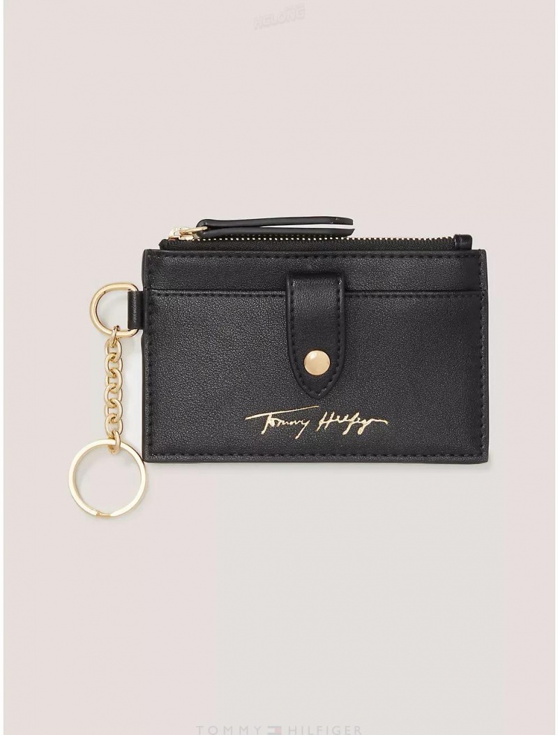 Tommy Hilfiger Signature Coin Purse and ID Wallet Wallets Black | 5419-PZRDO