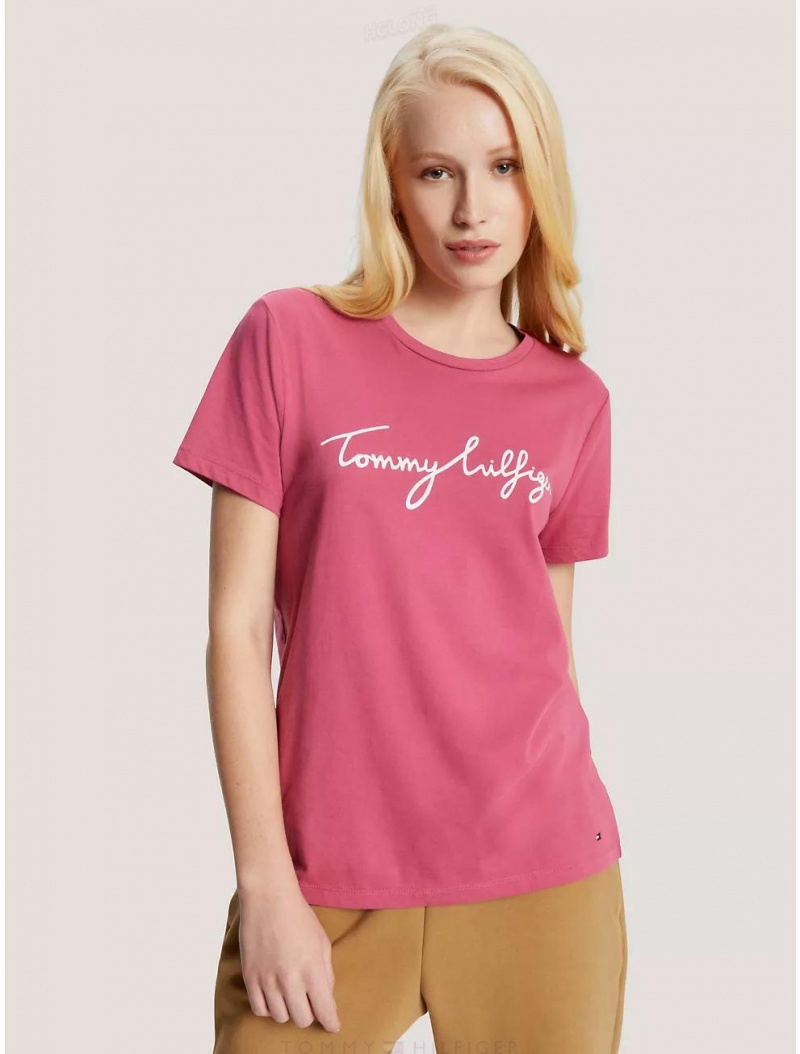 Tommy Hilfiger Signature Crewneck T-Shirt T-Shirts & Polos Florida Coral | 0376-OQPCK