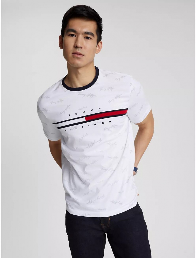 Tommy Hilfiger Signature Flag Stripe Logo T-Shirt T-Shirts Bright White | 7592-NXZJR