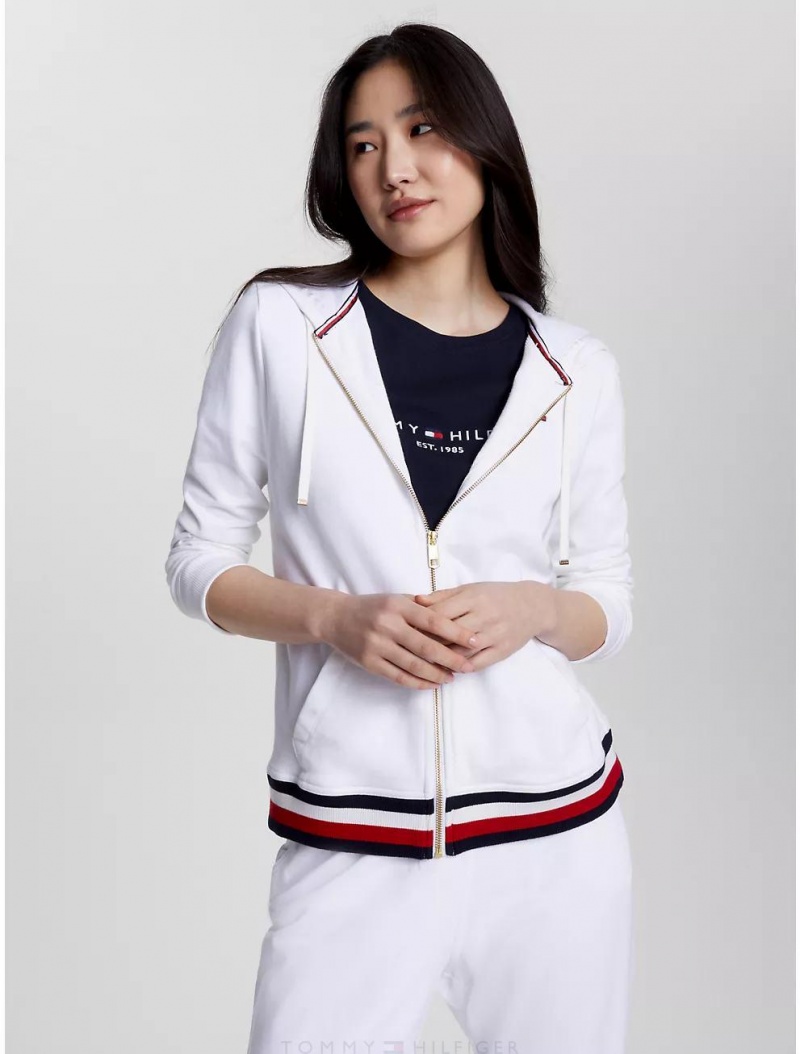 Tommy Hilfiger Signature Stripe Hem Zip Hoodie Hoodies & Sweatshirts Optic White | 7143-PBZAW