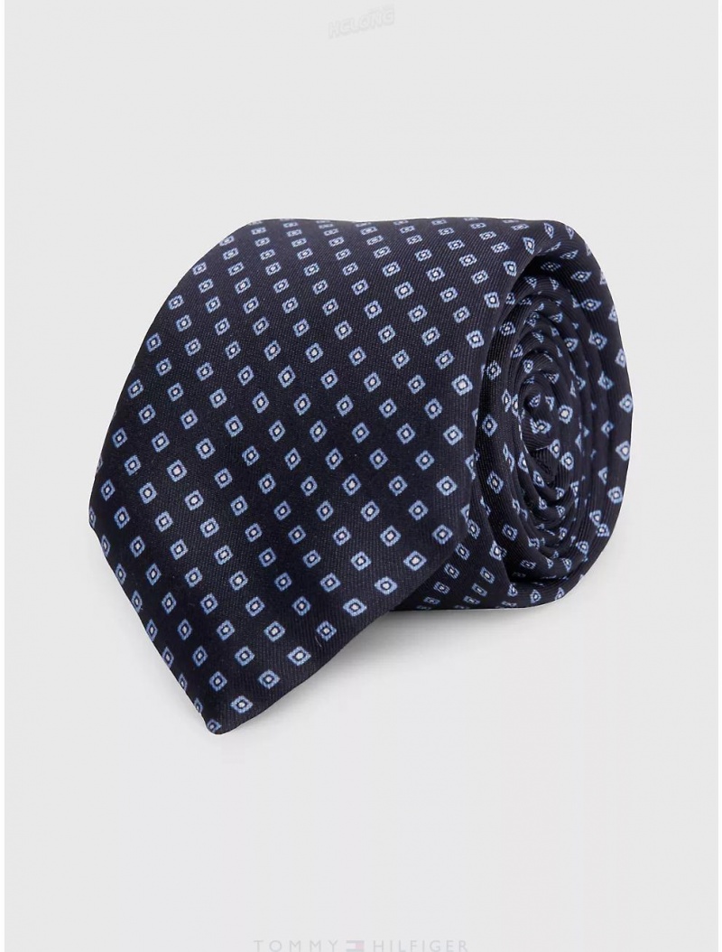 Tommy Hilfiger Silk Microprint Tie Ties Navy/ Light Blue | 2504-YGPJW