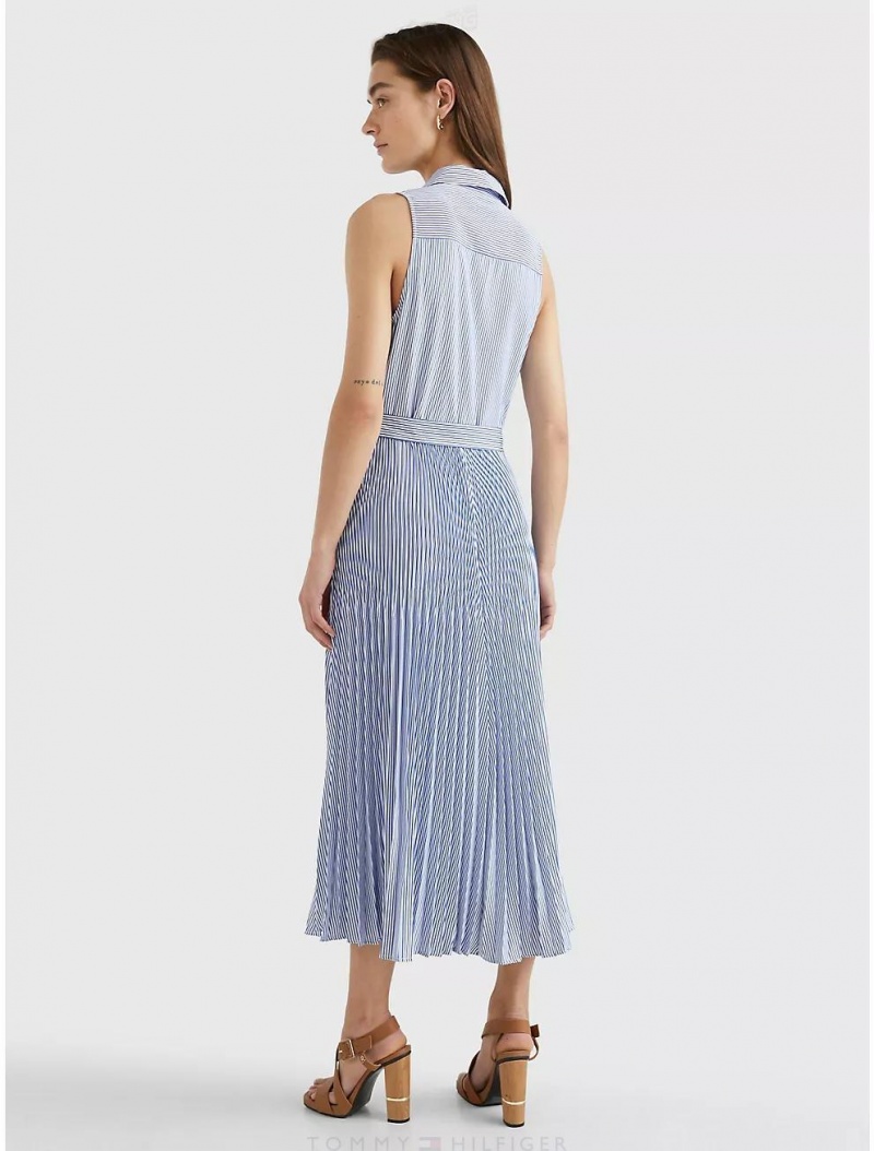 Tommy Hilfiger Sleeveless Pleated Shirtdress Dresses & Skirts Ithaca Stripe / Blue | 5078-QCGDL