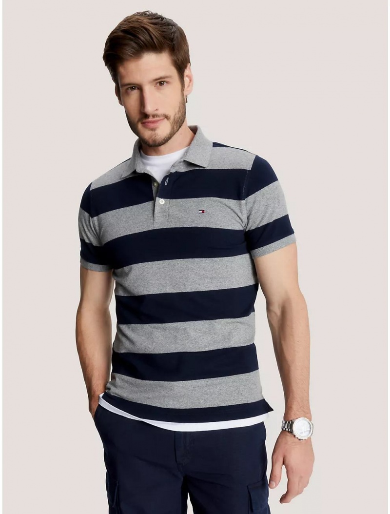 Tommy Hilfiger Slim Fit Block Stripe Polo Polos Grey Heather | 3174-CDTRX