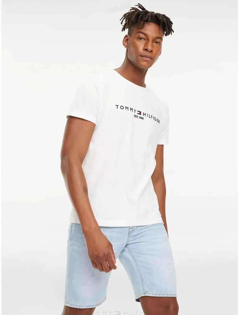 Tommy Hilfiger Slim Fit Embroidered Tommy Logo T-Shirt T-Shirts Snow White | 4160-DAMFV