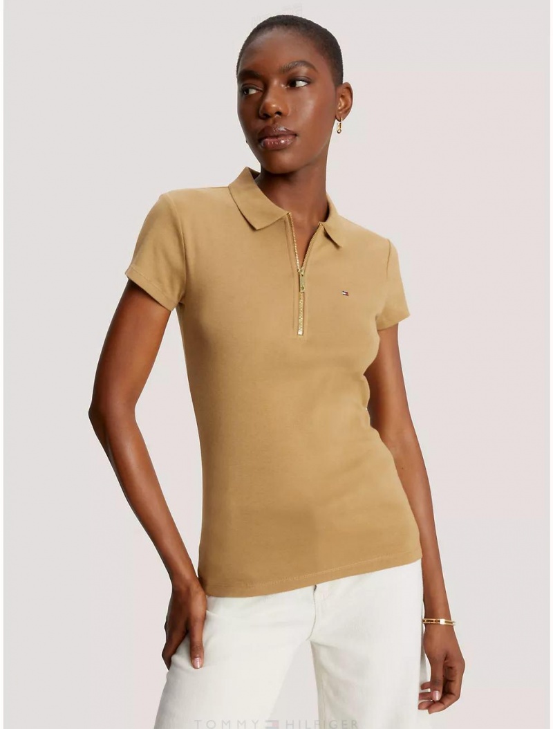 Tommy Hilfiger Slim Fit Essential Zip Polo T-Shirts & Polos Pinecone Tan | 0276-PZSNQ