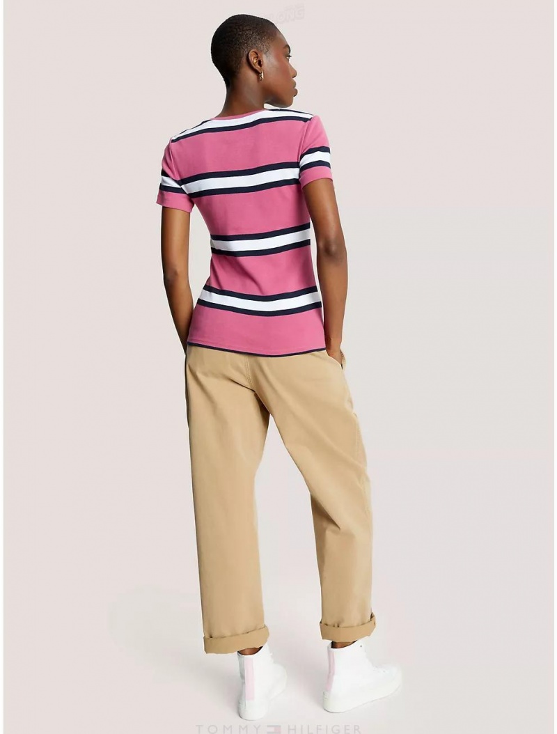 Tommy Hilfiger Slim Fit Favorite Stripe V-Neck T-Shirt T-Shirts & Polos Florida Coral Multi | 1203-LBWKY