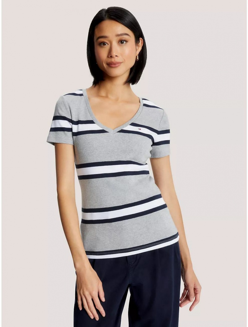 Tommy Hilfiger Slim Fit Favorite Stripe V-Neck T-Shirt T-Shirts & Polos Grey Heather Multi | 7045-LKQVT