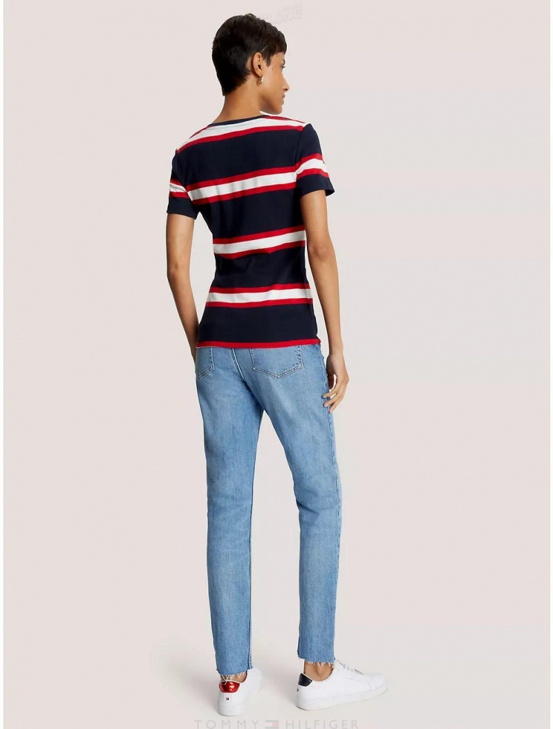 Tommy Hilfiger Slim Fit Favorite Stripe V-Neck T-Shirt T-Shirts & Polos Desert Sky Multi | 3874-UBDXG