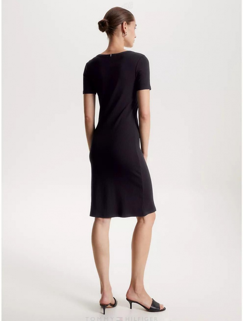 Tommy Hilfiger Slim Fit Ribbed Short-Sleeve Dress Dresses & Skirts Black | 7302-NOFCG