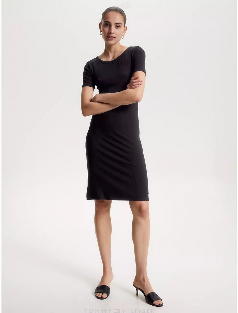 Tommy Hilfiger Slim Fit Ribbed Short-Sleeve Dress Dresses & Skirts Black | 7302-NOFCG