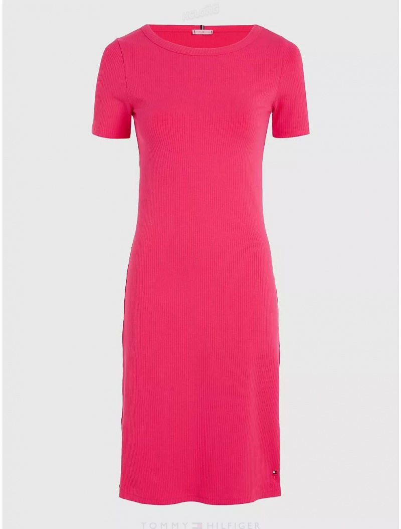 Tommy Hilfiger Slim Fit Ribbed Short-Sleeve Dress Dresses & Skirts Bright Cerise Pink | 5906-TKAOD