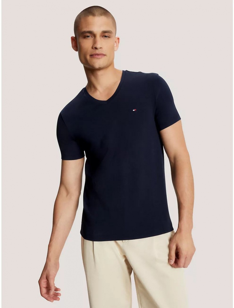 Tommy Hilfiger Slim Fit Solid V-Neck T-Shirt T-Shirts Desert Sky | 2968-OKMVE