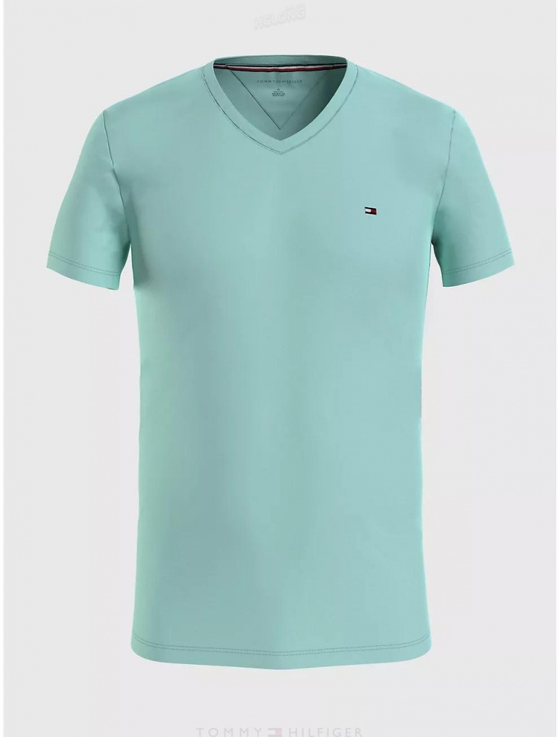 Tommy Hilfiger Slim Fit Solid V-Neck T-Shirt T-Shirts Botanical Green | 7042-FRGVA