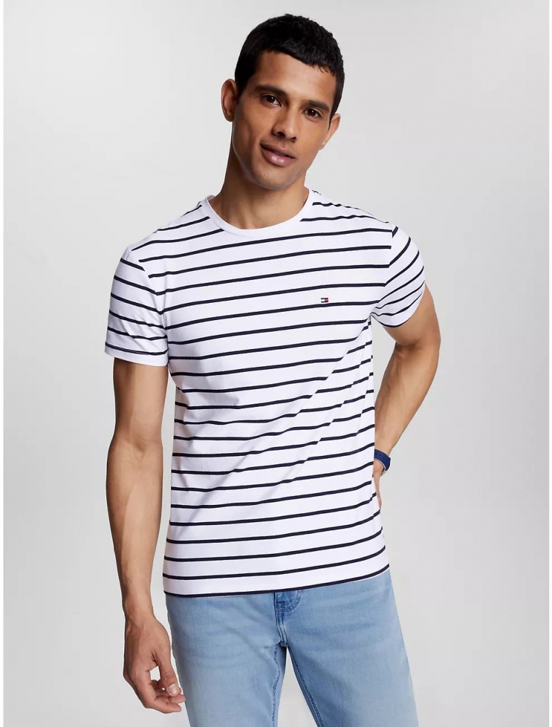 Tommy Hilfiger Slim Fit Stripe Stretch Cotton T-Shirt T-Shirts Optic White TH | 0983-YFHPS