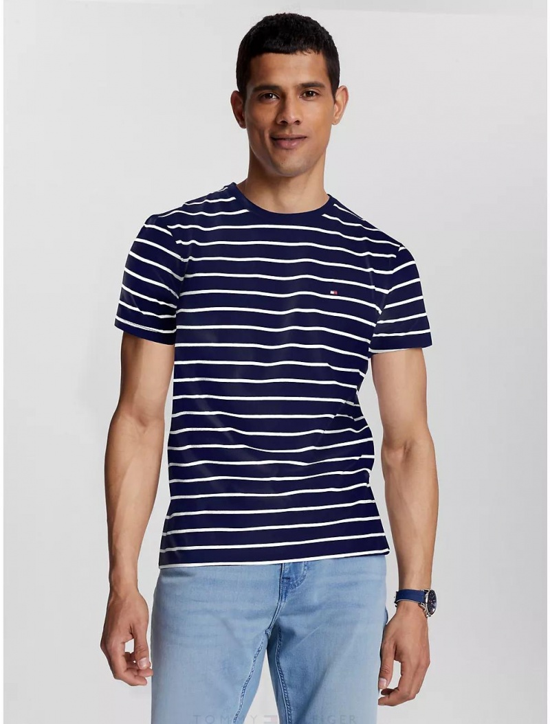 Tommy Hilfiger Slim Fit Stripe Stretch Cotton T-Shirt T-Shirts Desert Sky | 9145-VNFPW