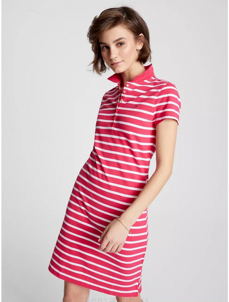 Tommy Hilfiger Slim Fit Stripe Stretch Cotton Polo Dress Dresses & Skirts Pink Splendor Multi | 1208-CIWZO