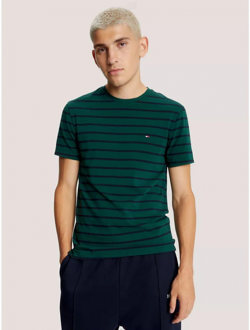 Tommy Hilfiger Slim Fit Stripe Stretch Cotton T-Shirt T-Shirts Hunter | 0942-OPDFB