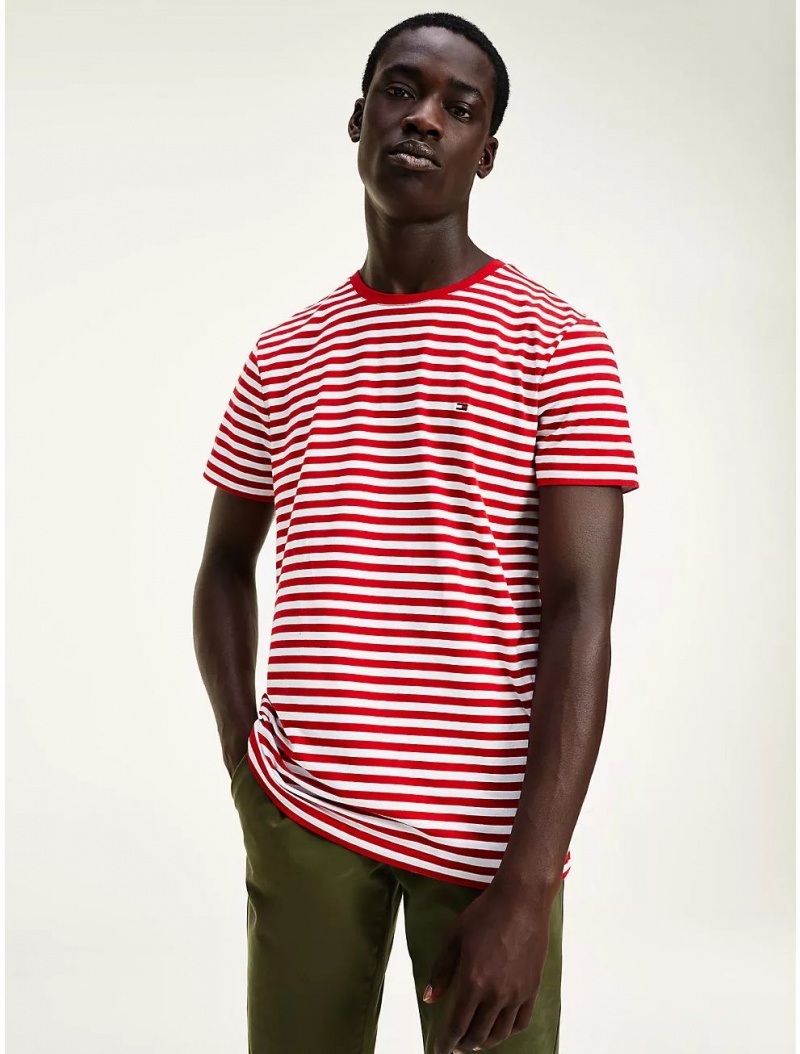 Tommy Hilfiger Slim Fit Stripe Stretch Cotton T-Shirt T-Shirts Primary Red/White | 4821-SFDYR