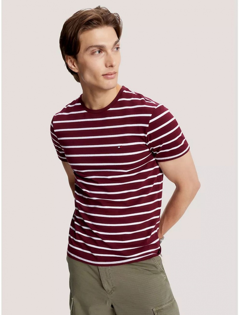 Tommy Hilfiger Slim Fit Stripe Stretch Cotton T-Shirt T-Shirts Deep Rouge | 1278-RUZCQ