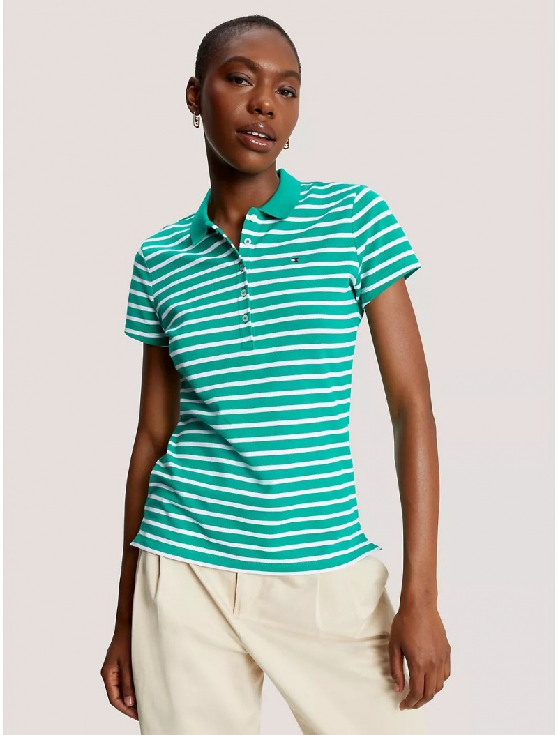 Tommy Hilfiger Slim Fit Stripe Stretch Cotton Polo T-Shirts & Polos Courtside Green Multi | 4921-CYRZL