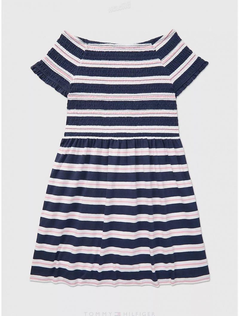 Tommy Hilfiger Smocked Stripe Dress Dresses & Skirts Cobalt Sapphire Fresh Pink Stripe | 0931-TLFNU