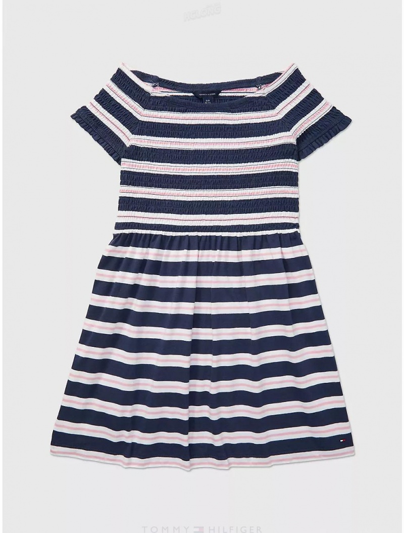 Tommy Hilfiger Smocked Stripe Dress Dresses & Skirts Cobalt Sapphire Fresh Pink Stripe | 0931-TLFNU