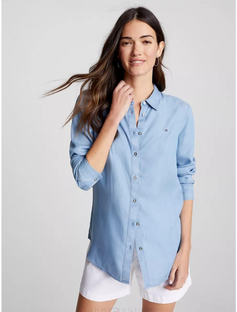 Tommy Hilfiger Solid Chambray Shirt Tops & Shirts Medium Wash | 7461-XKZBF