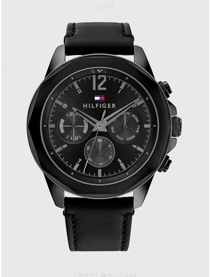 Tommy Hilfiger Sport Watch with Black Leather Strap Watches Black | 5694-ZKDUO