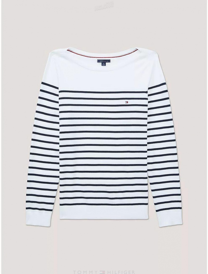 Tommy Hilfiger Stripe Boatneck Sweater Tops Optic White TH MULTI | 5439-BUPLZ