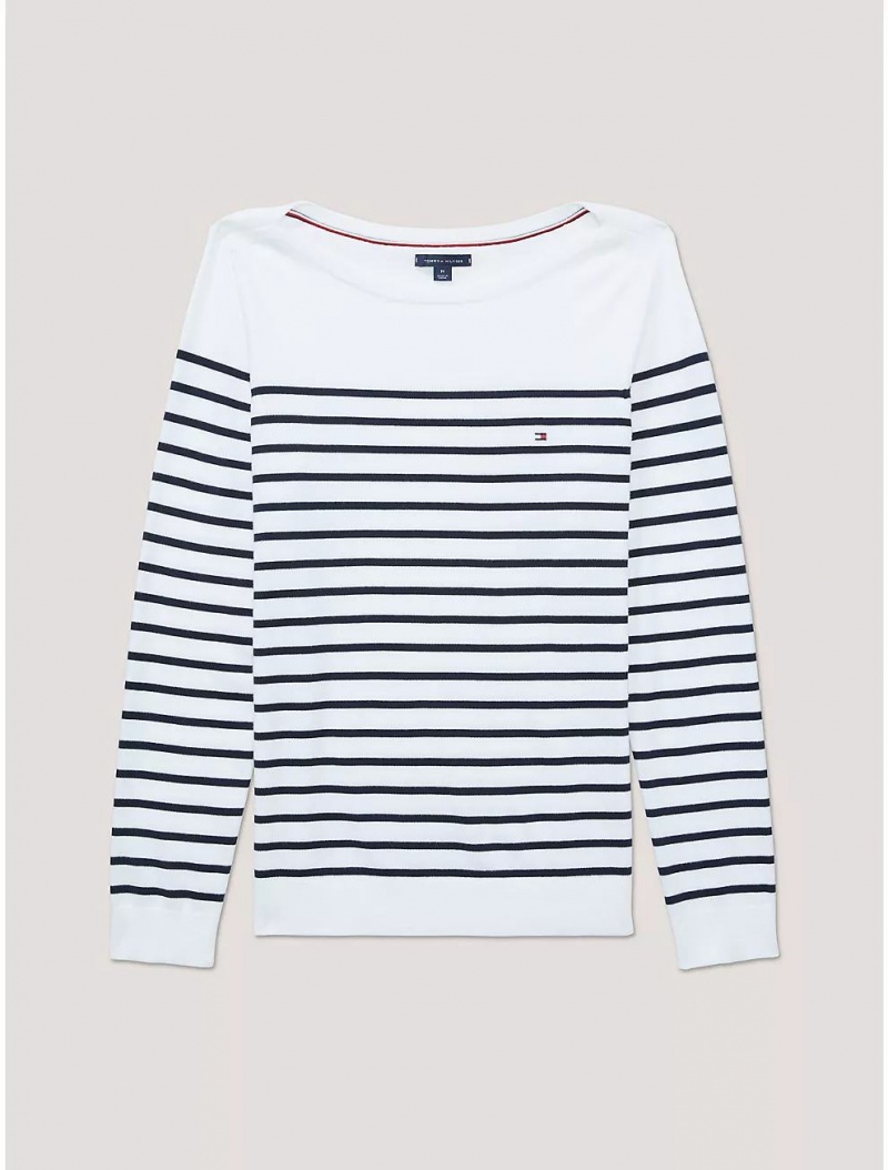 Tommy Hilfiger Stripe Boatneck Sweater Tops Optic White TH MULTI | 5439-BUPLZ