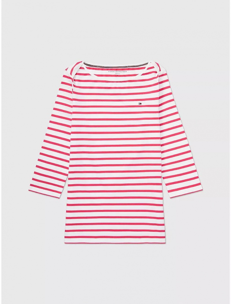 Tommy Hilfiger Stripe Boatneck T-Shirt Tops Pink Splendor Multi | 8615-PTXSM