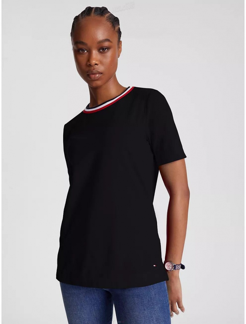 Tommy Hilfiger Stripe Collar Crewneck T-Shirt T-Shirts & Polos Dark Sable | 8712-TYXSW