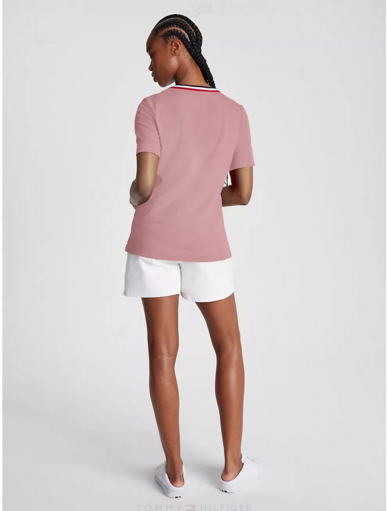 Tommy Hilfiger Stripe Collar Crewneck T-Shirt T-Shirts & Polos Soothing Pink | 7601-EHLBS