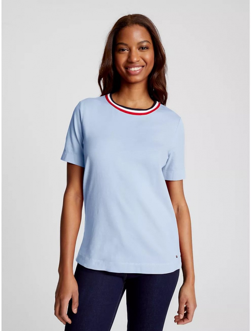 Tommy Hilfiger Stripe Collar Crewneck T-Shirt T-Shirts & Polos Breezy Blue | 6124-HTDCI