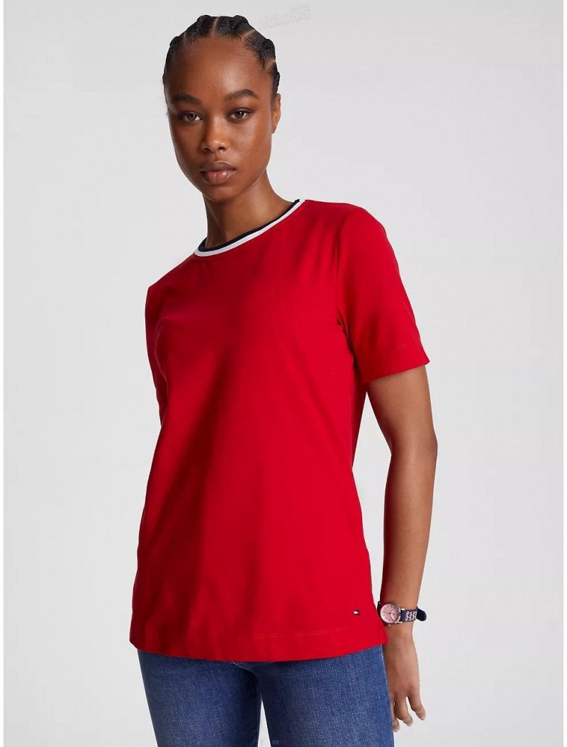 Tommy Hilfiger Stripe Collar Crewneck T-Shirt T-Shirts & Polos Primary Red | 8256-YBVXW