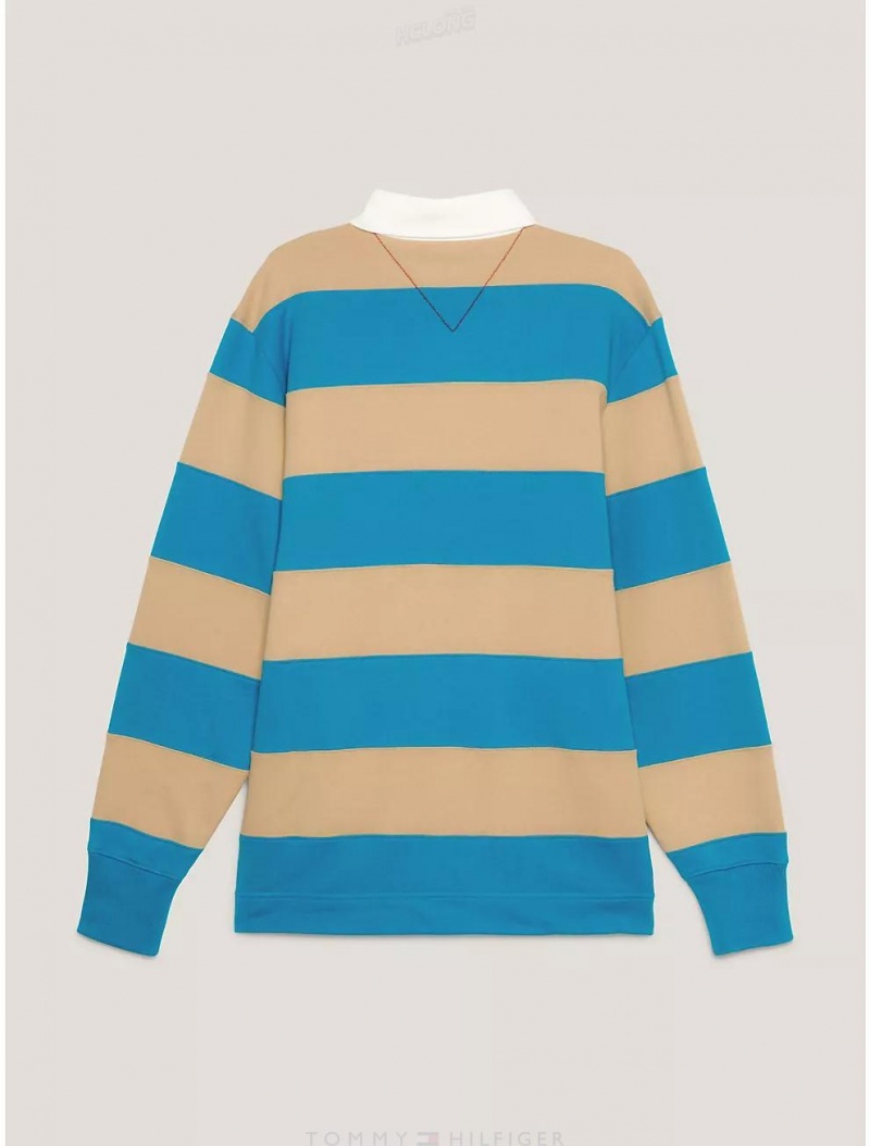 Tommy Hilfiger Stripe Crest Rugby Shirts Sandy Beige/Cerulean Aqua | 8573-ROIXC