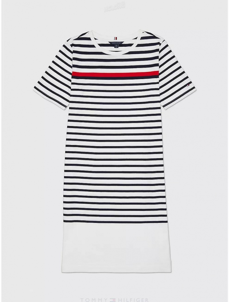 Tommy Hilfiger Stripe Crewneck Dress Dresses & Skirts Optic White TH MULTI | 3986-QICSA