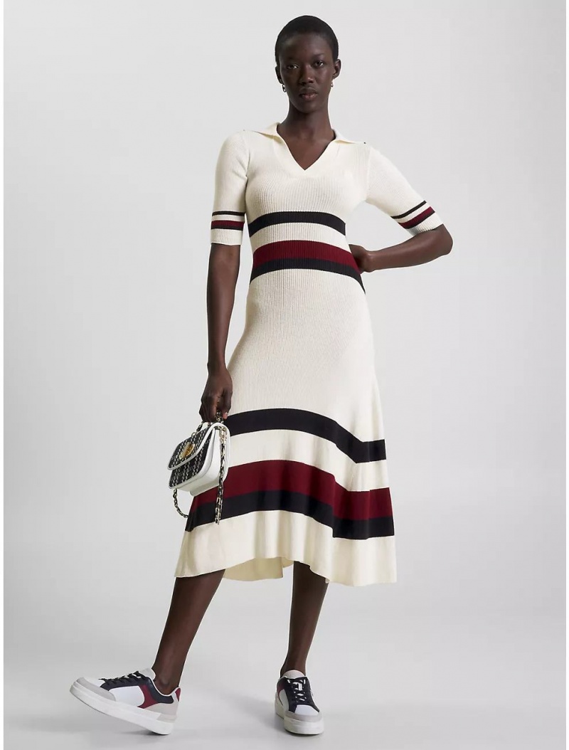 Tommy Hilfiger Stripe Midi Dress Dresses & Skirts Ecru | 9750-BONWM